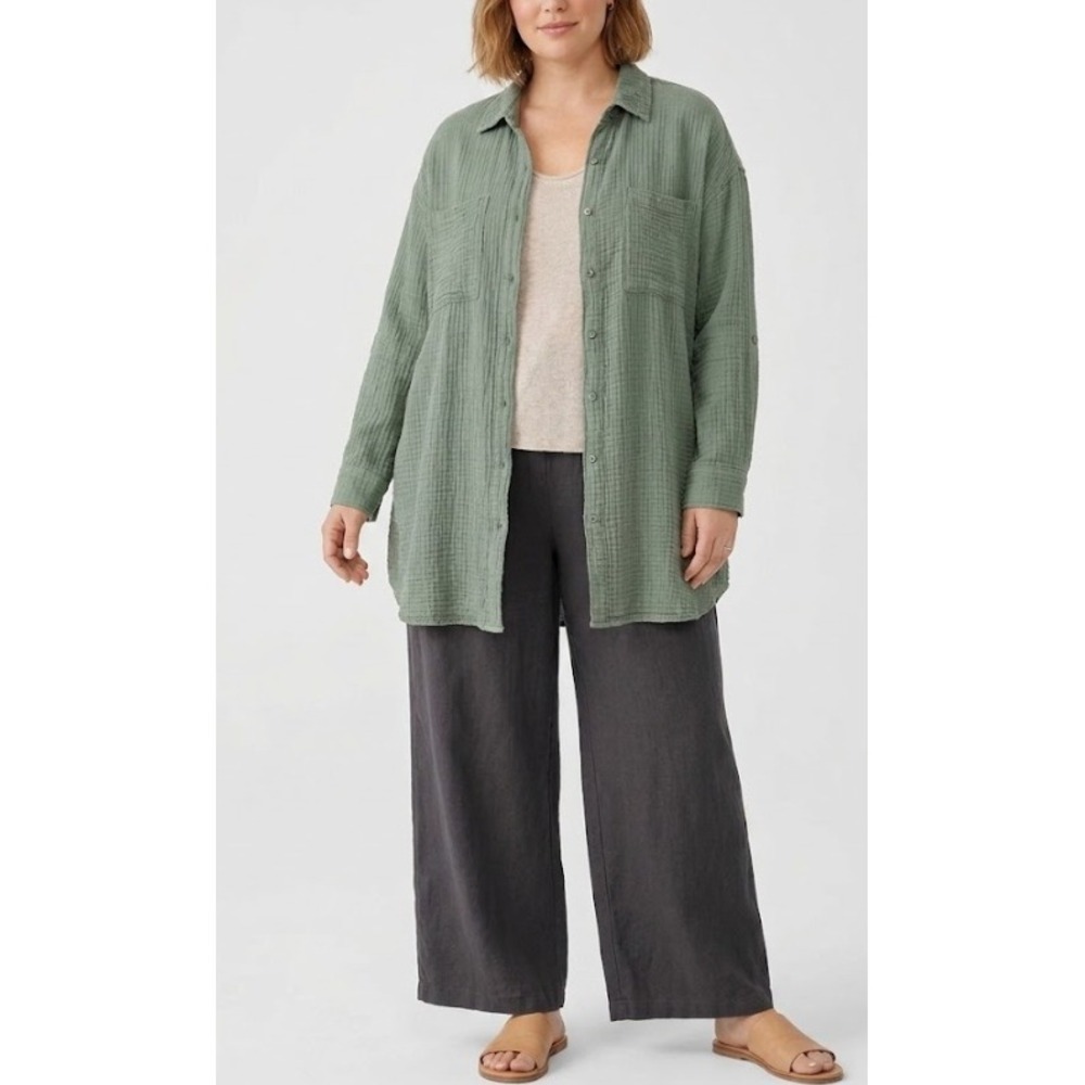 New Wonderly Gauze Cotton Button Down Tunic 1X Olive Long Sleeve Lagenlook
